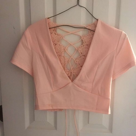 ꧁ Laced Up Back Deep V Neck Crop Top ꧂ - Picture 2 of 3